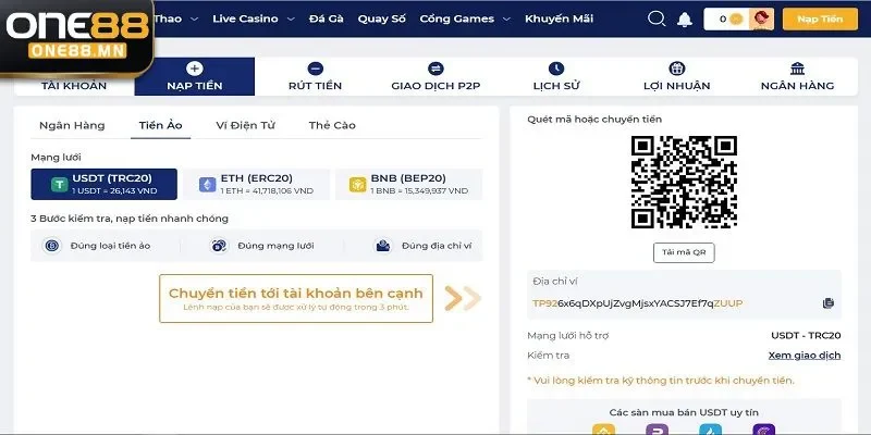 Nạp Tiền ONE88 Những lưu ý khi nạp tiền One88